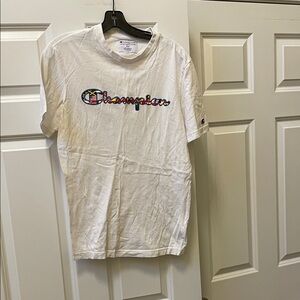 Champion White Tee with Multicolor Logo
